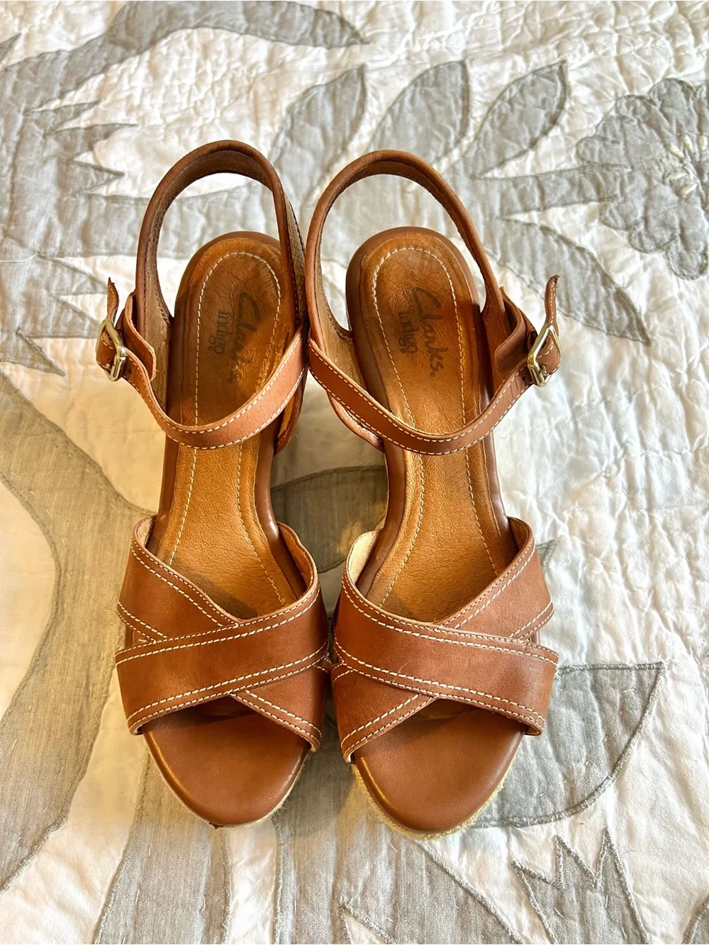 Clarks Indigo Amelia Air Wedge Sandals Women’s 9 Brown Leather Espadrille Boho